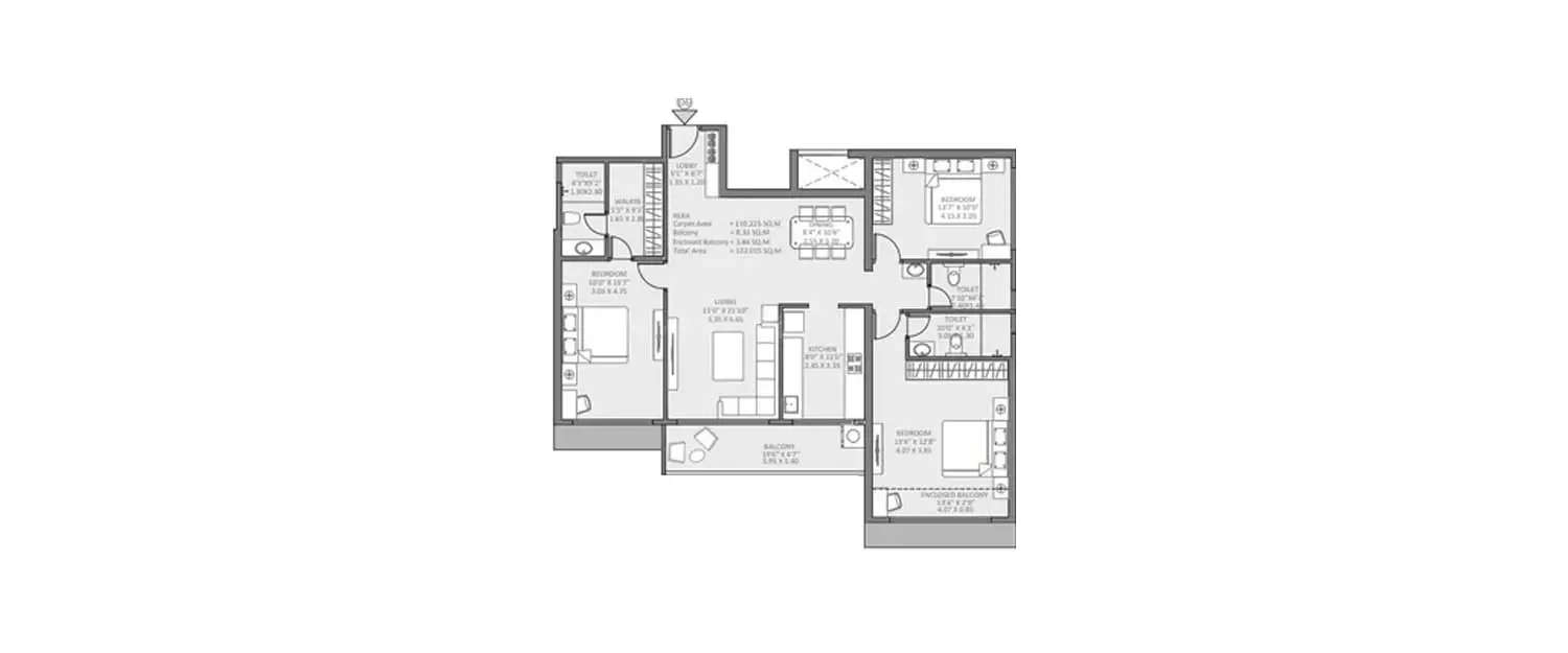 Floor plan for 3 BHK