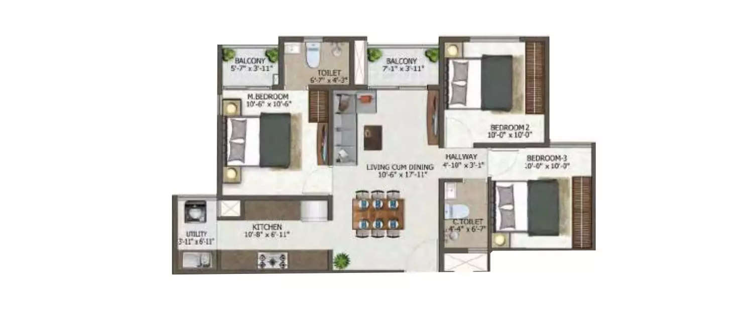 Floor plan for 3 BHK