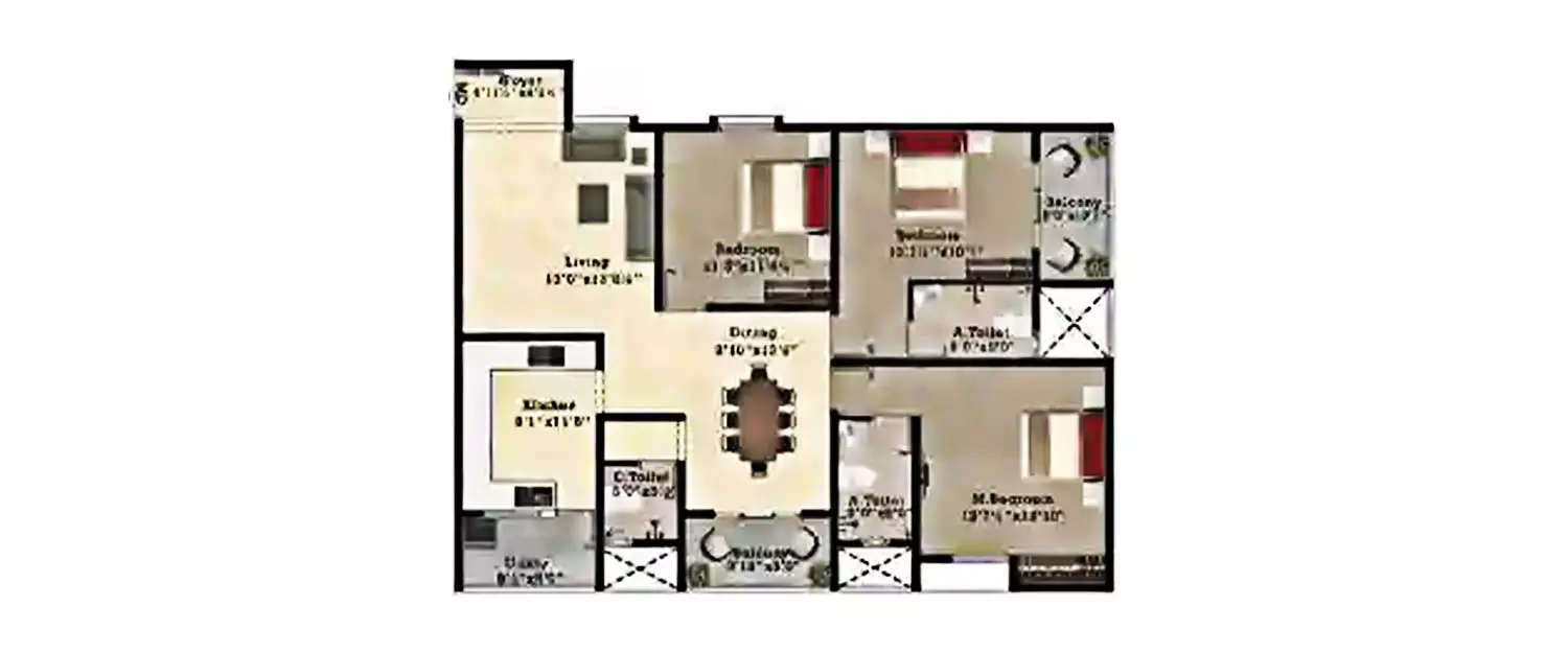 Floor plan for 3 BHK