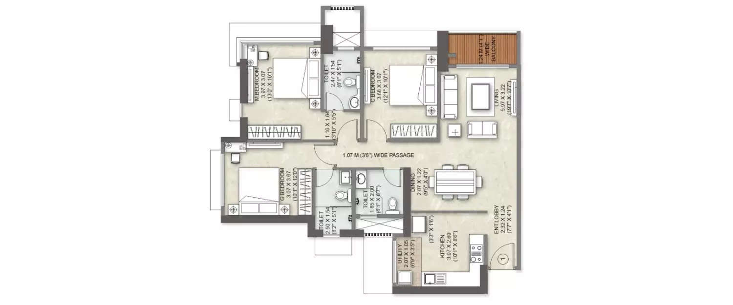 3 BHK Apartment 1015 Sq.ft
