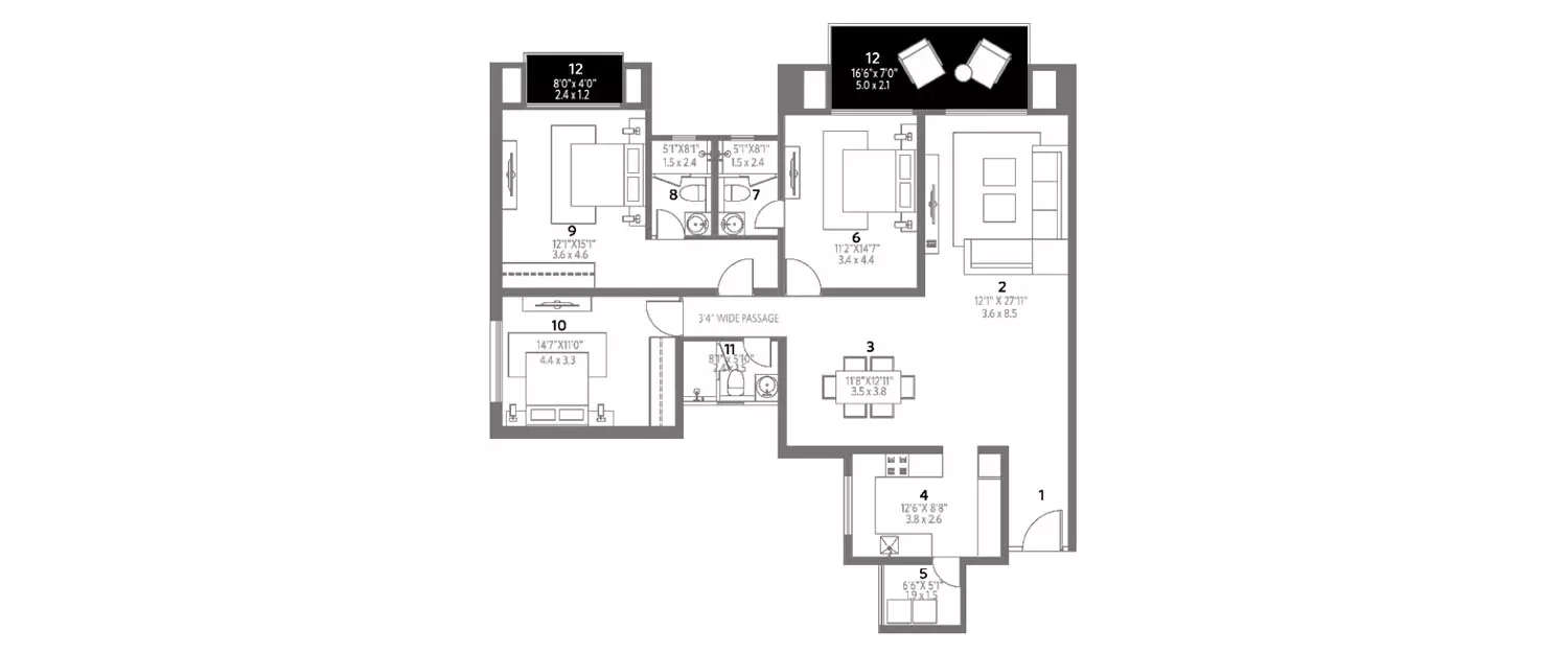 Floor plan for 3 BHK
