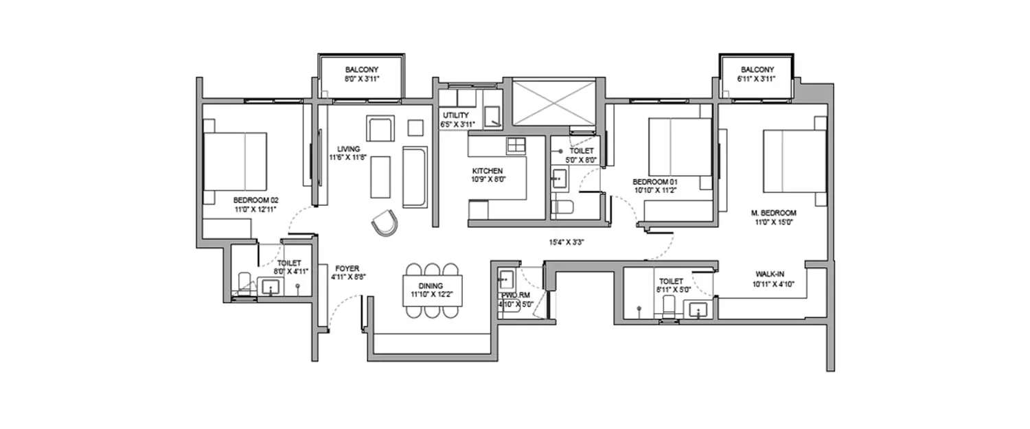Floor plan for 3 BHK