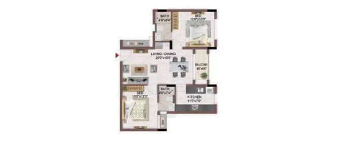 Casagrand Flagship Pallikaranai - Floor plan 2 BHK 1332 Sq.ft