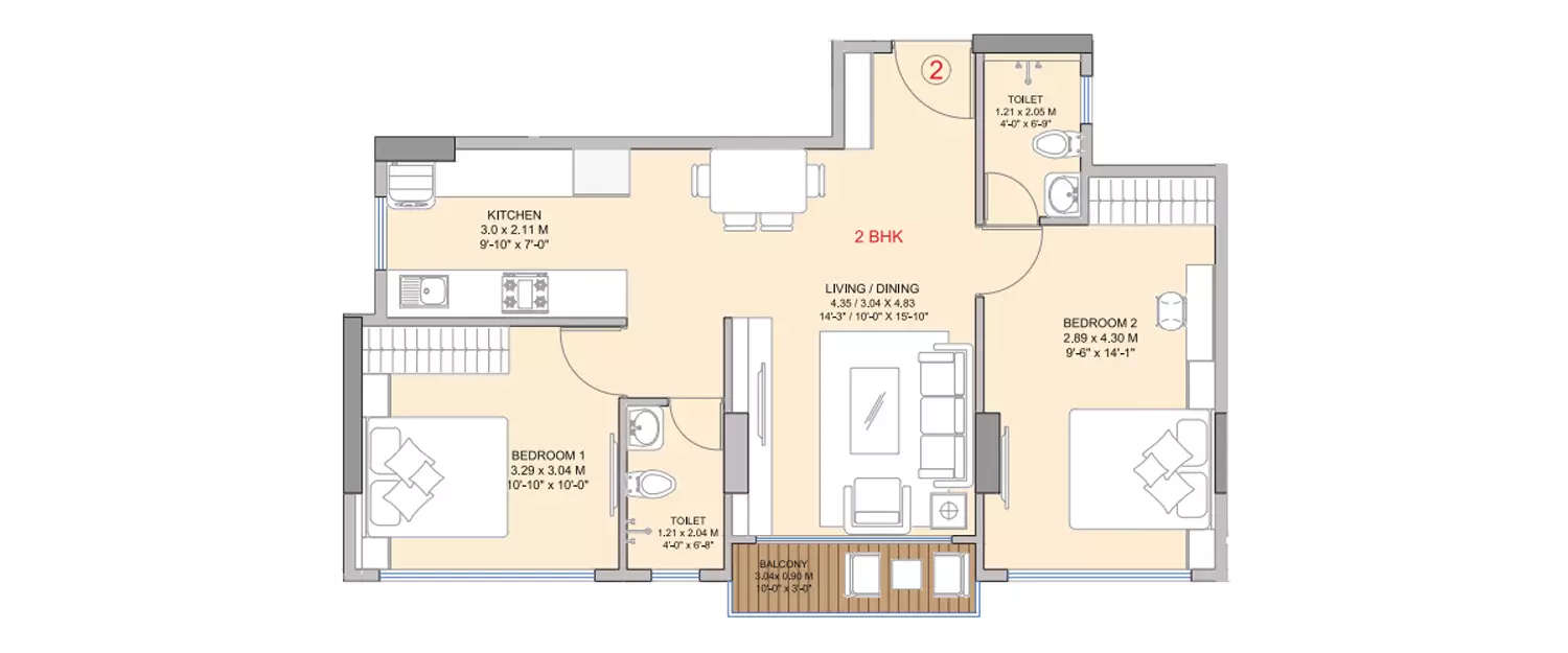 2 BHK Apartment 688 Sq.ft