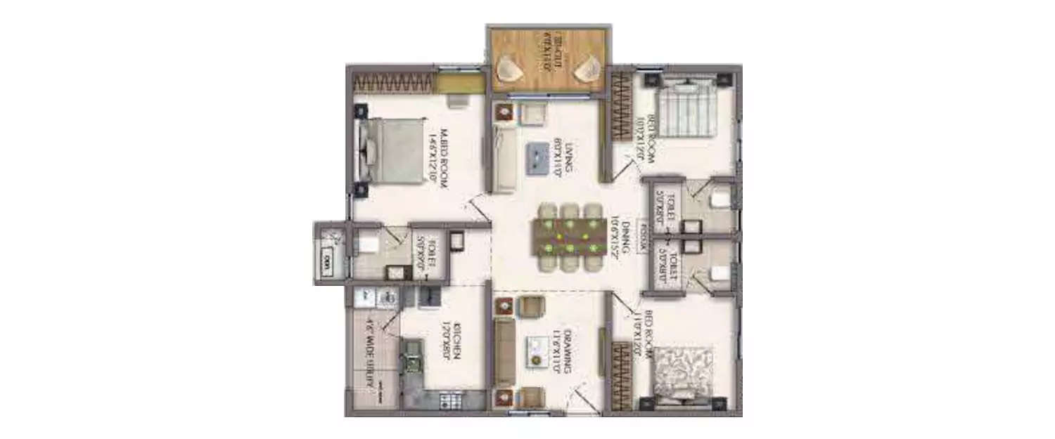 Floor plan for 3 BHK