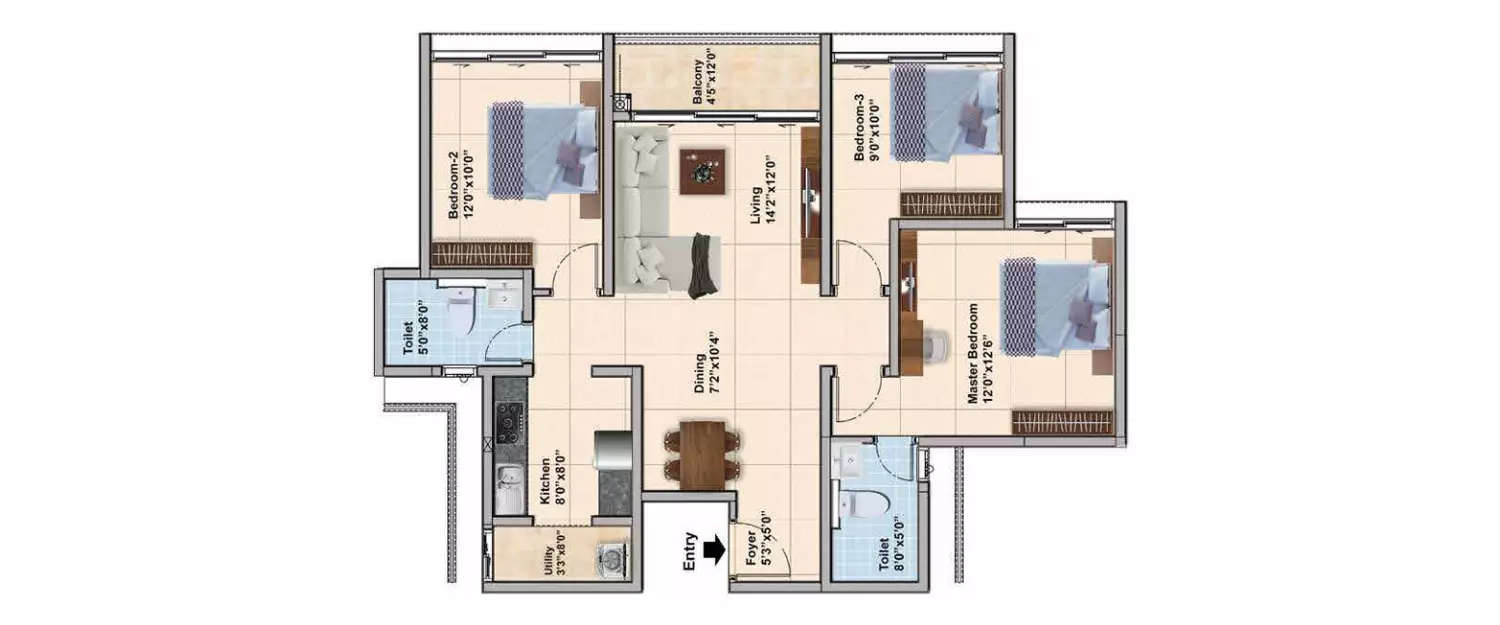 Floor plan for 3 BHK
