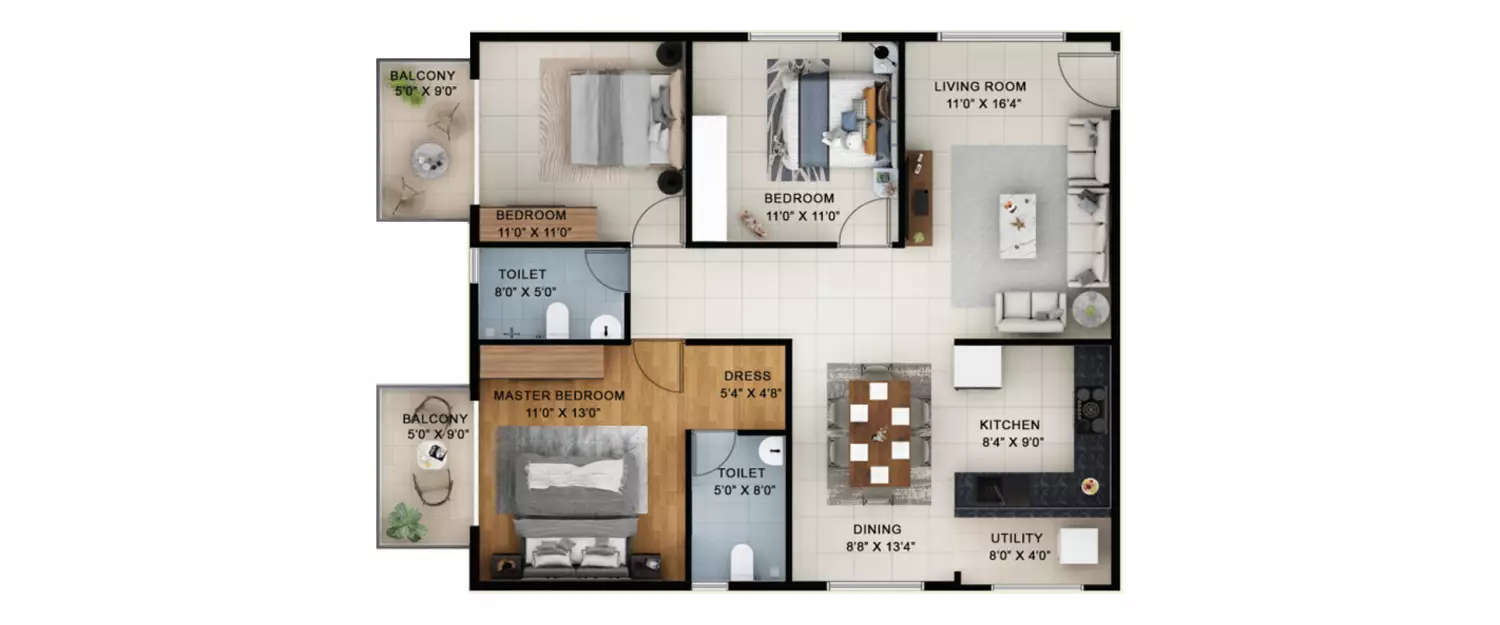Floor plan for 3 BHK
