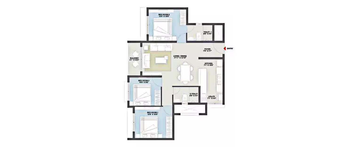 Floor plan for 3 BHK