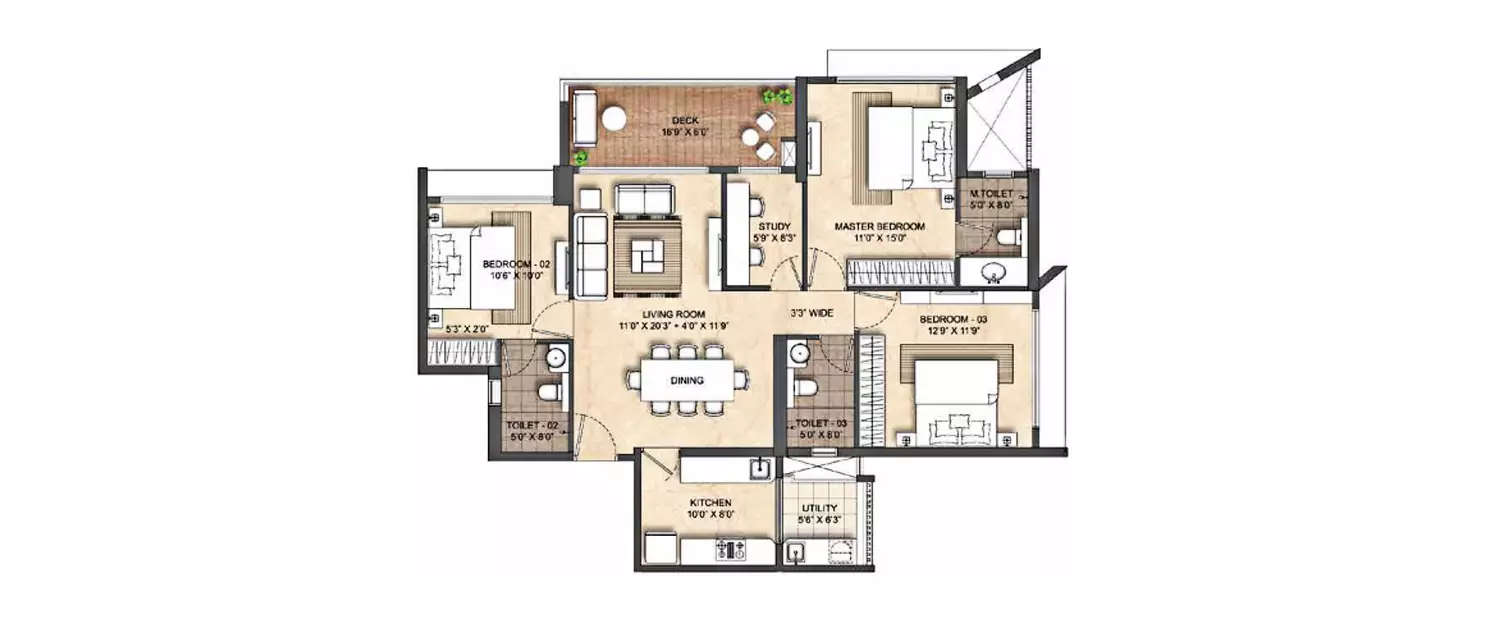 Floor plan for 3 BHK
