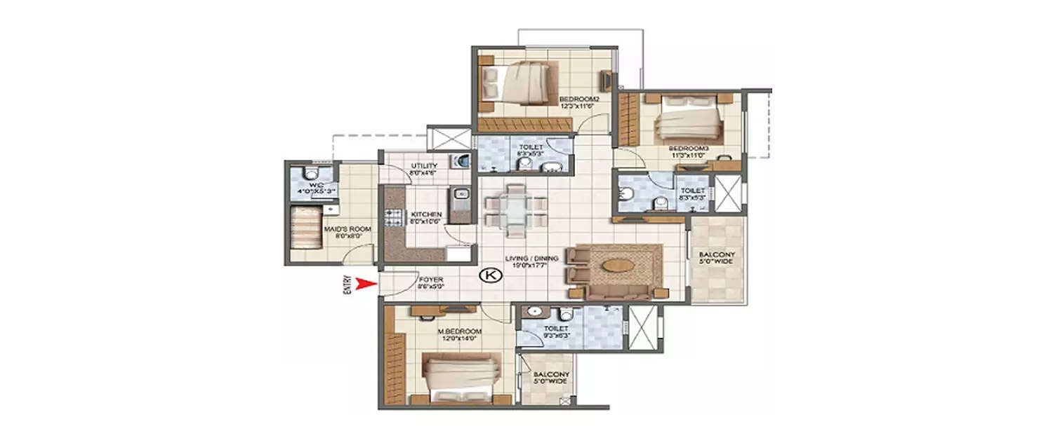 3 BHK Apartment 1255 Sq.ft