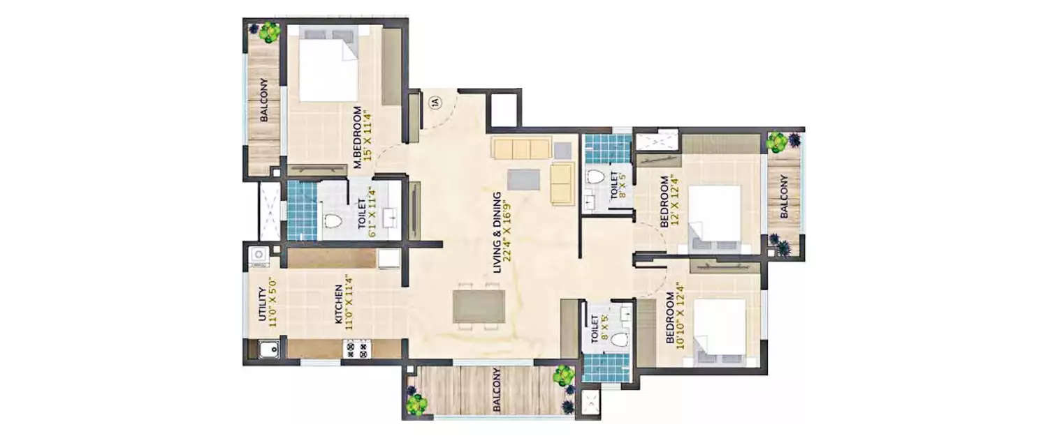 3 BHK Apartment 1075 Sq.ft