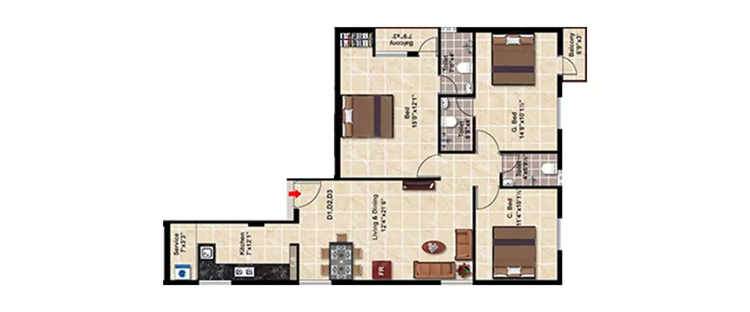 3 BHK Apartment 1359 Sq.ft