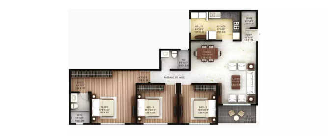 Hiranandani Calgary Devanahalli - Floor plan 3 BHK 1102 Sq.ft