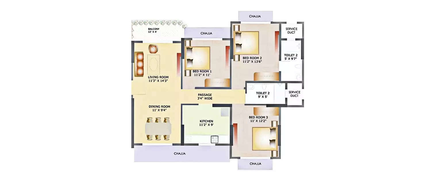 Floor plan for 3 BHK