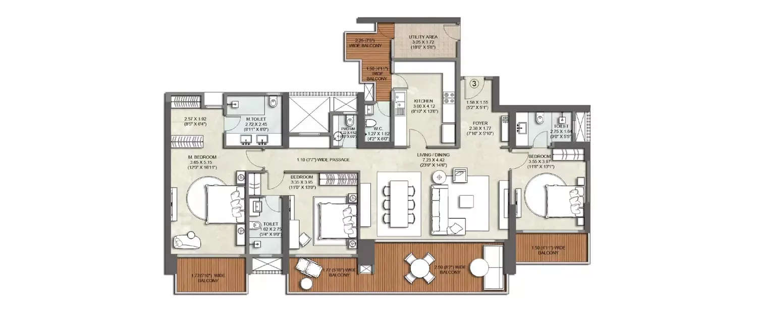 Floor plan for 3 BHK