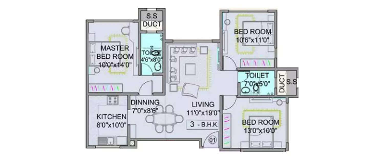 Floor plan for 3 BHK