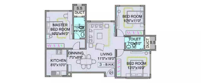 Park Royale Andheri - Floor plan 3 BHK 887 Sq.ft