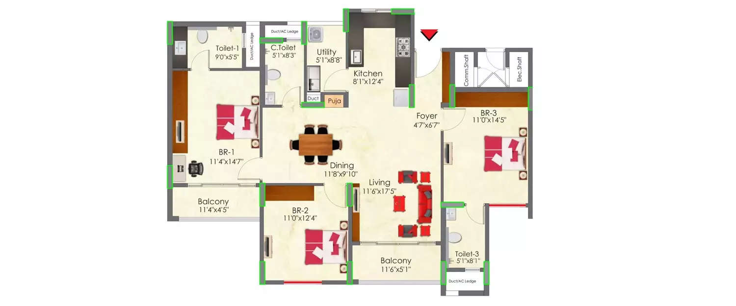 Floor plan for 3 BHK