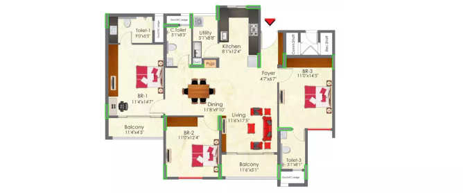 SNN Raj Greenbay Phase 2 Electronic City - Floor plan 3 BHK 1940 Sq.ft
