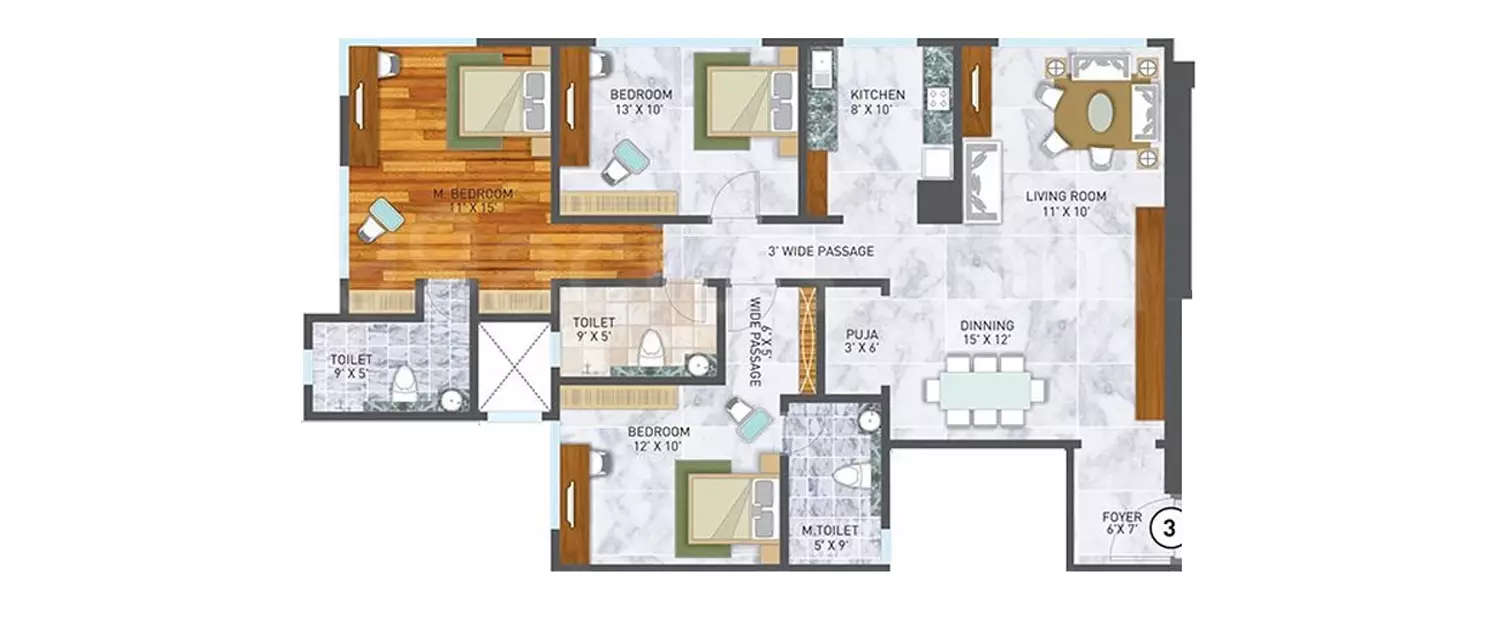 Floor plan for 3 BHK