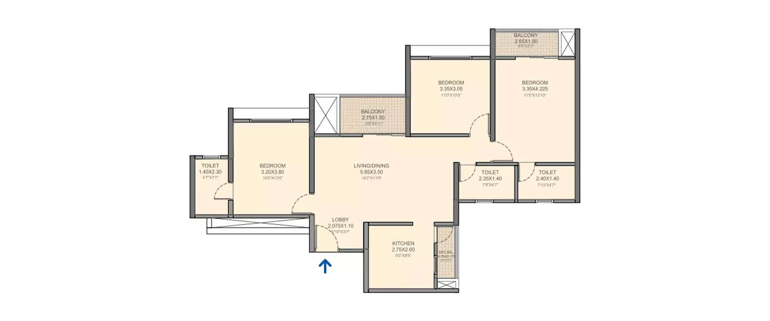Floor plan for 3 BHK