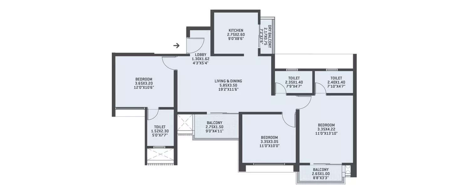 Floor plan for 3 BHK