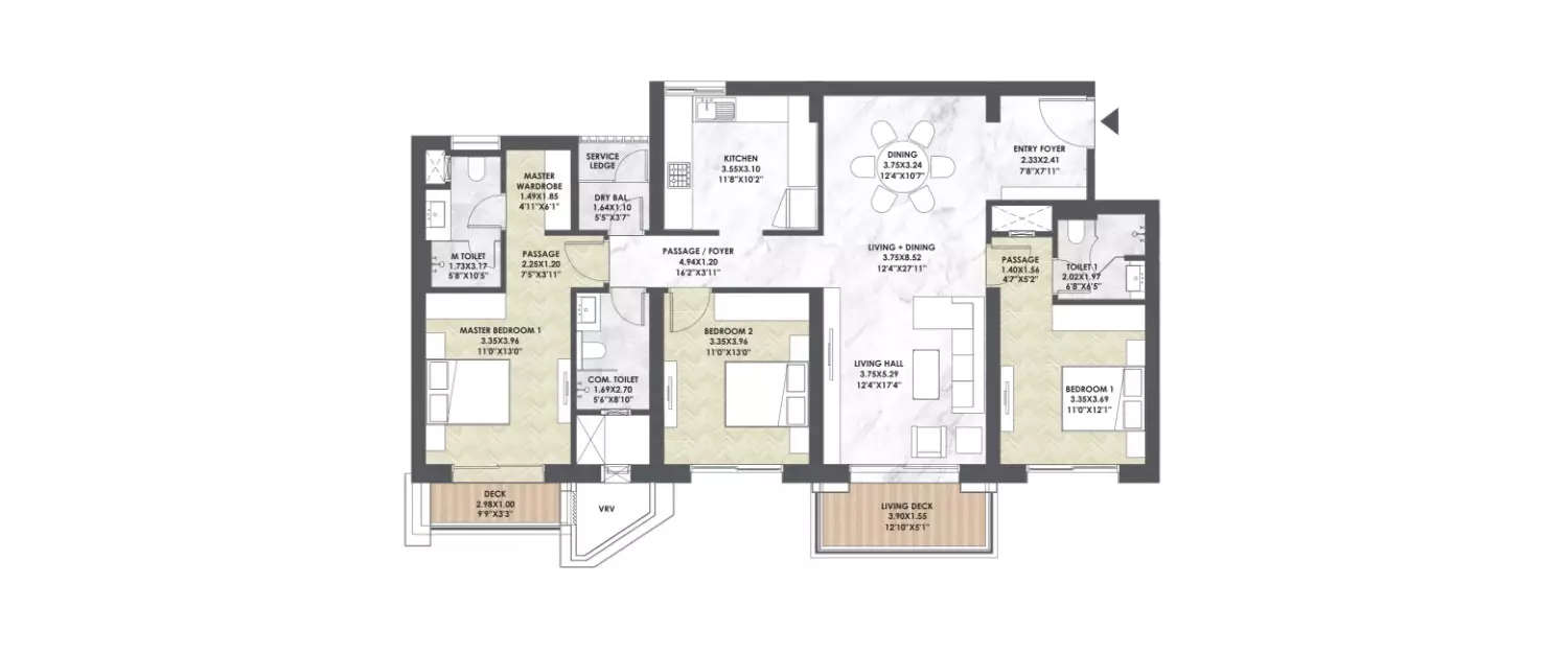 Floor plan for 3 BHK
