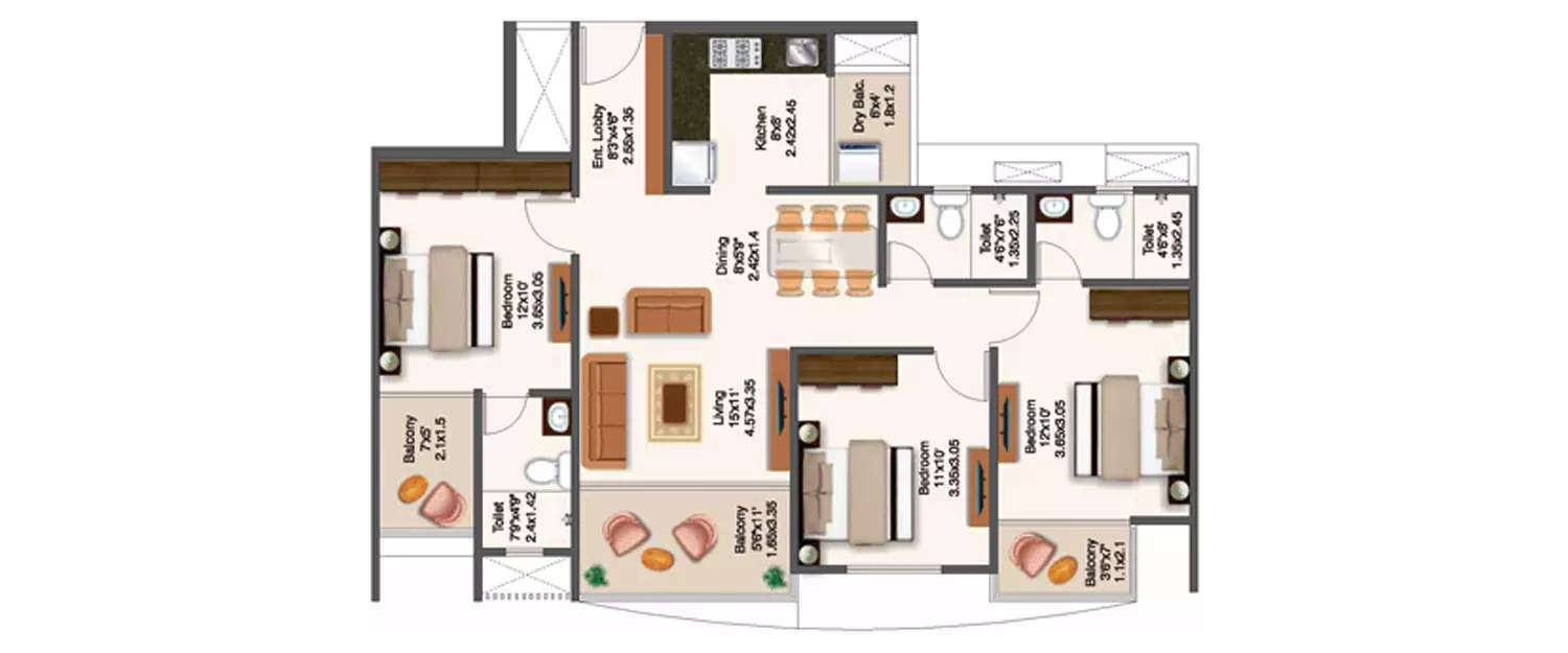 Floor plan for 3 BHK