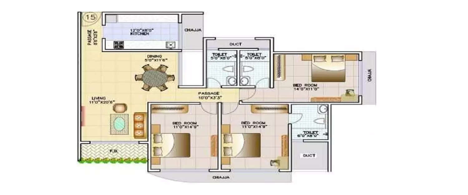 Floor plan for 3 BHK