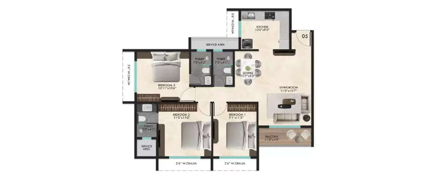 Floor plan for 3 BHK