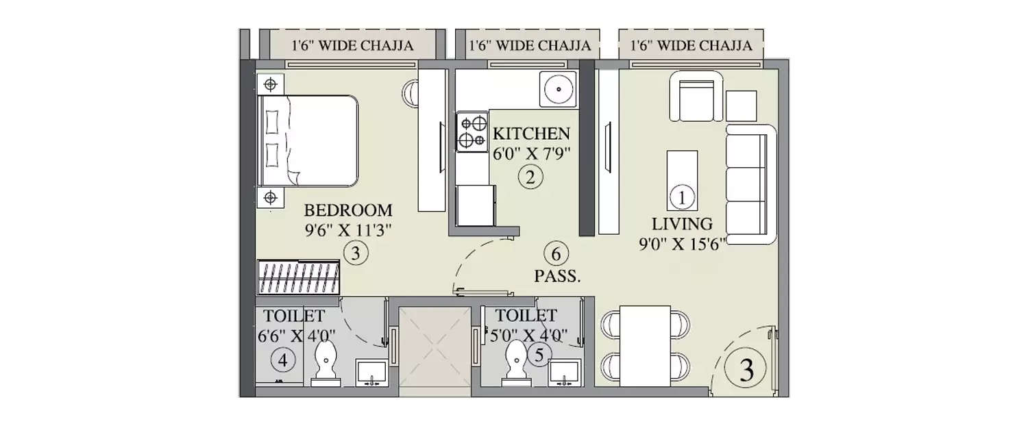 Floor plan for 1 BHK