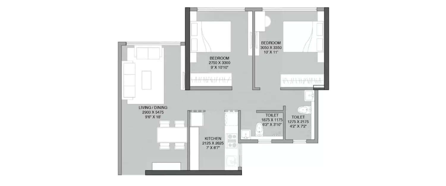 Floor plan for 2 BHK