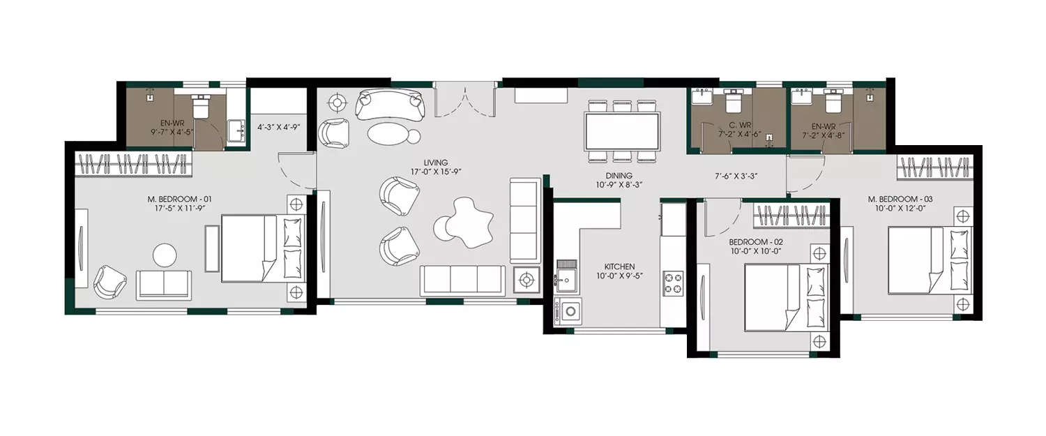 Floor plan for 3 BHK