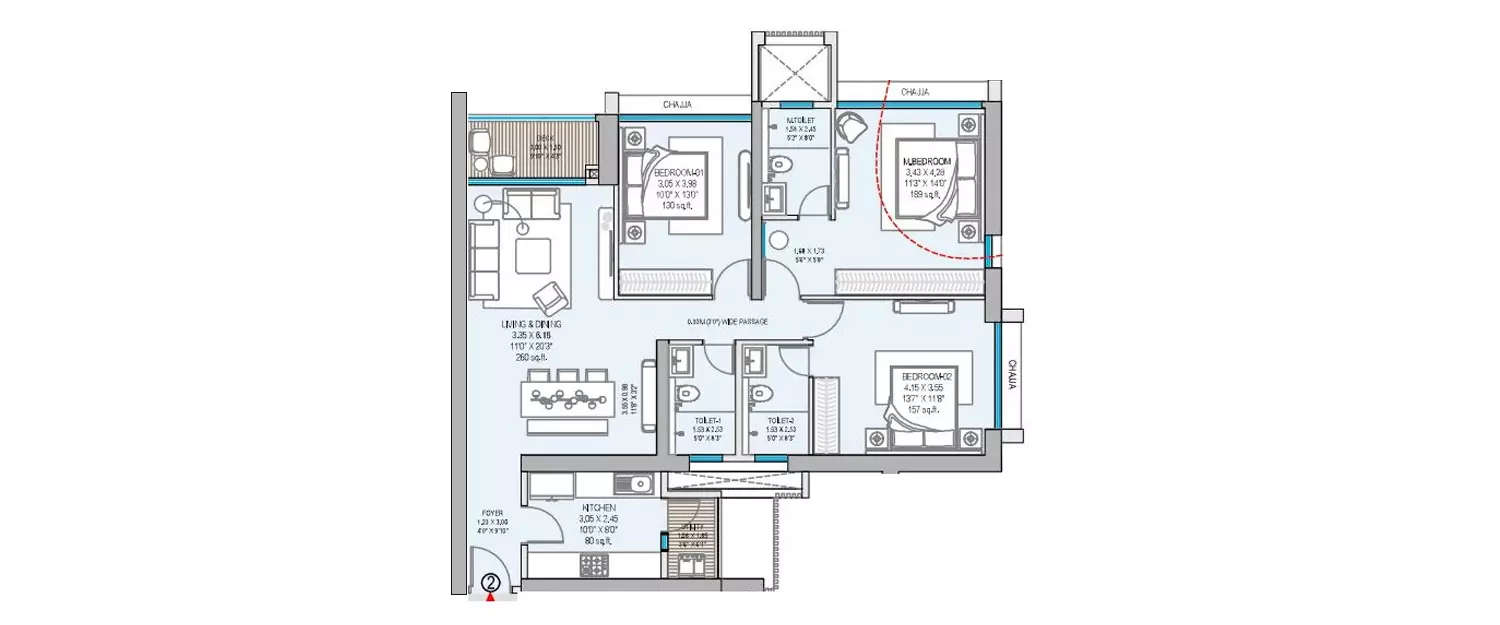 Floor plan for 3 BHK
