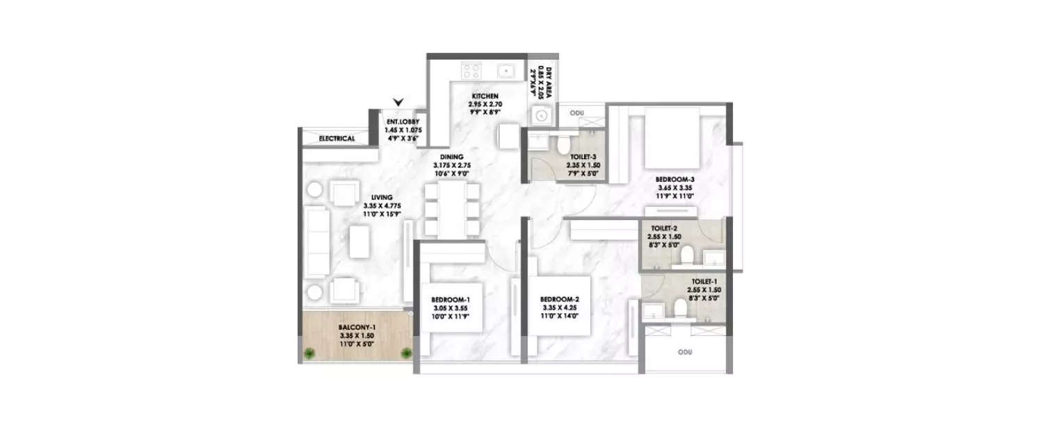 Floor plan for 3 BHK