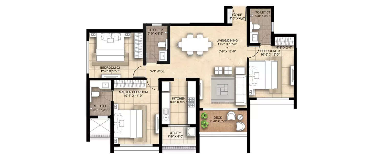 Floor plan for 3 BHK