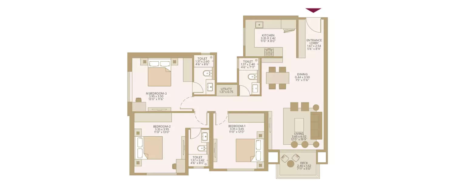 Floor plan for 3 BHK