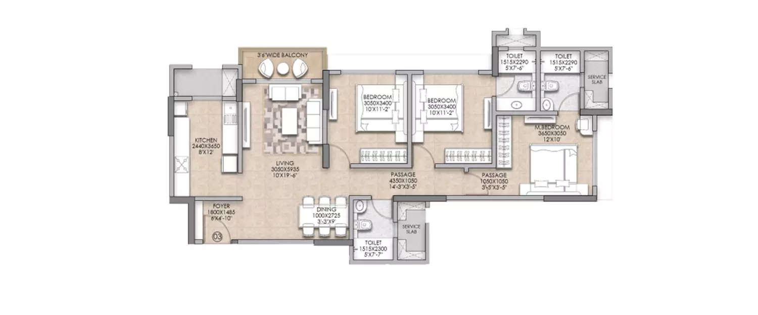 Floor plan for 3 BHK