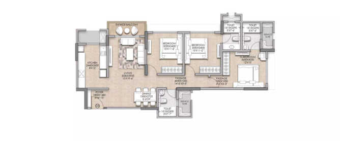 Raymond The Address By GS Bandra - Floor plan 3 BHK 955 Sq.ft