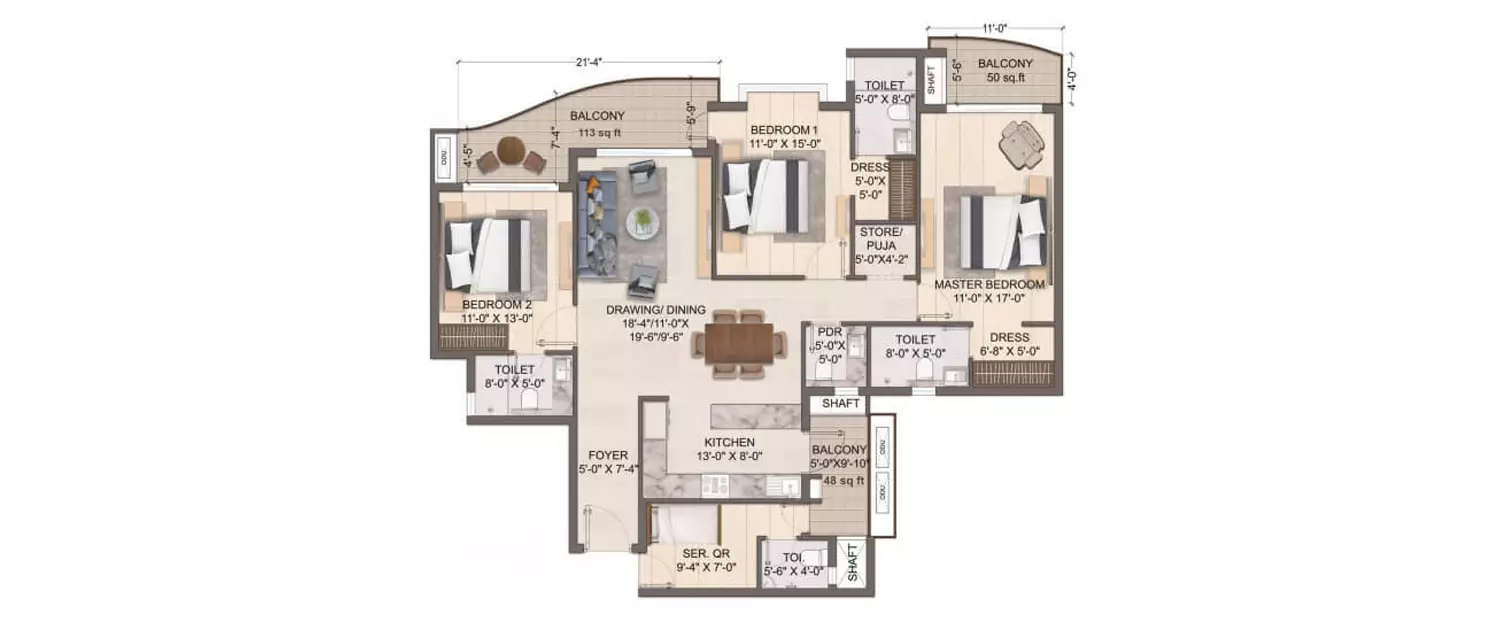 Floor plan for 3 BHK