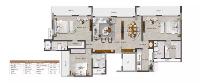 Paradigm Artteza Santacruz - Floor plan 3 BHK 1356 Sq.ft