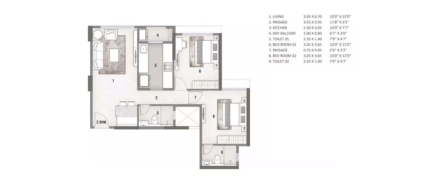 Floor plan for 2 BHK
