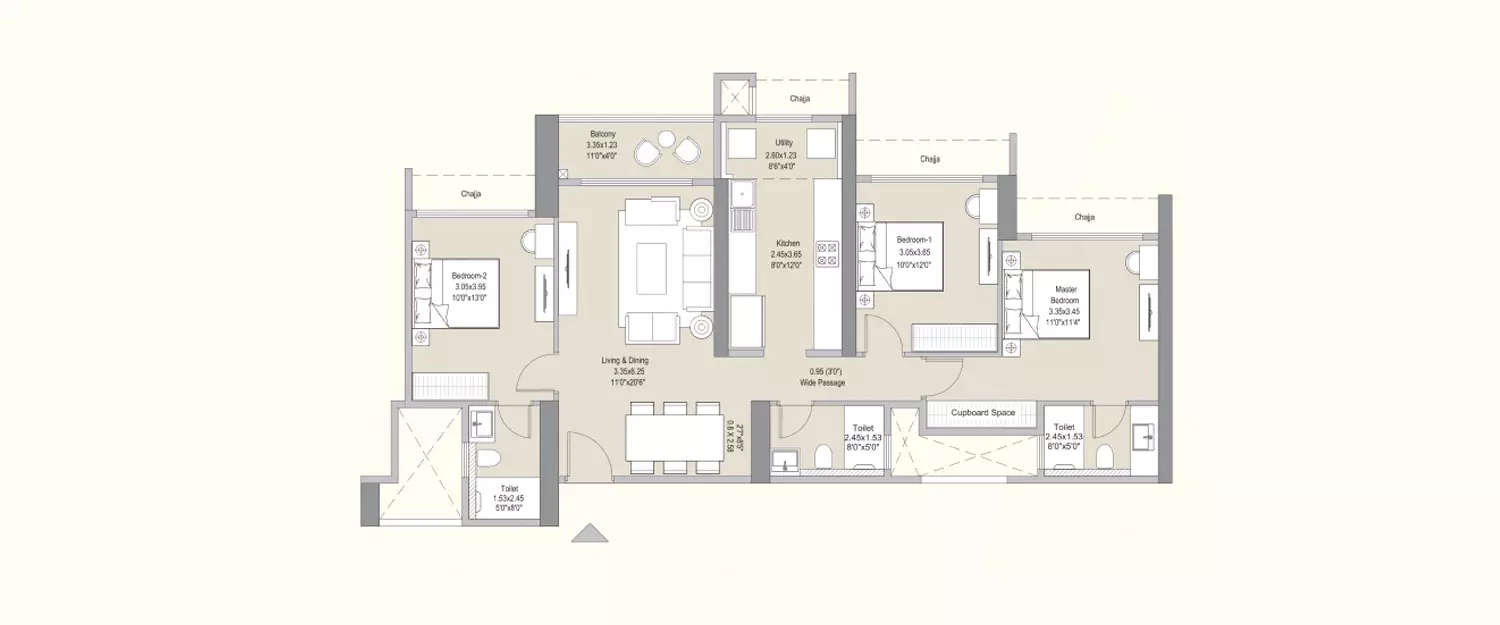 Floor plan for 3 BHK
