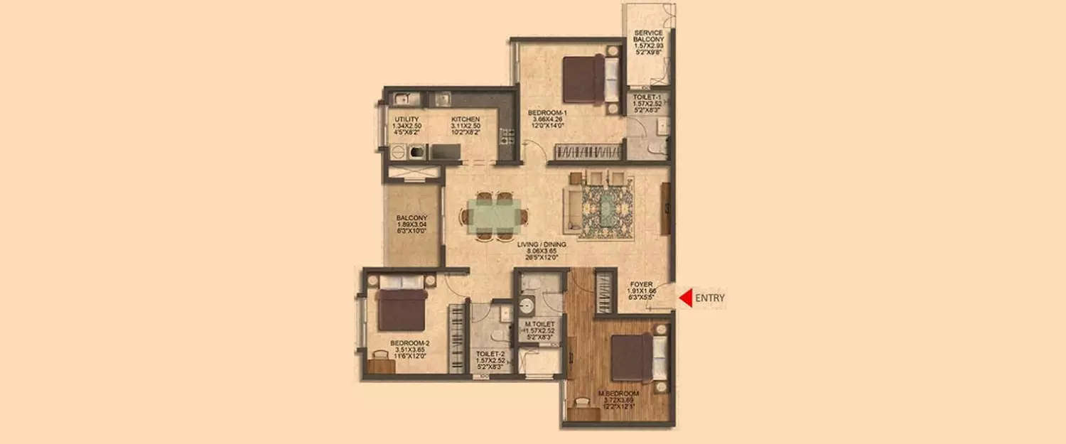 Floor plan for 3 BHK