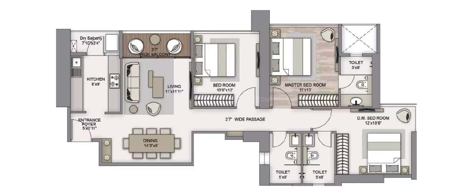Floor plan for 3 BHK