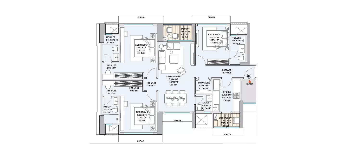 Floor plan for 3 BHK