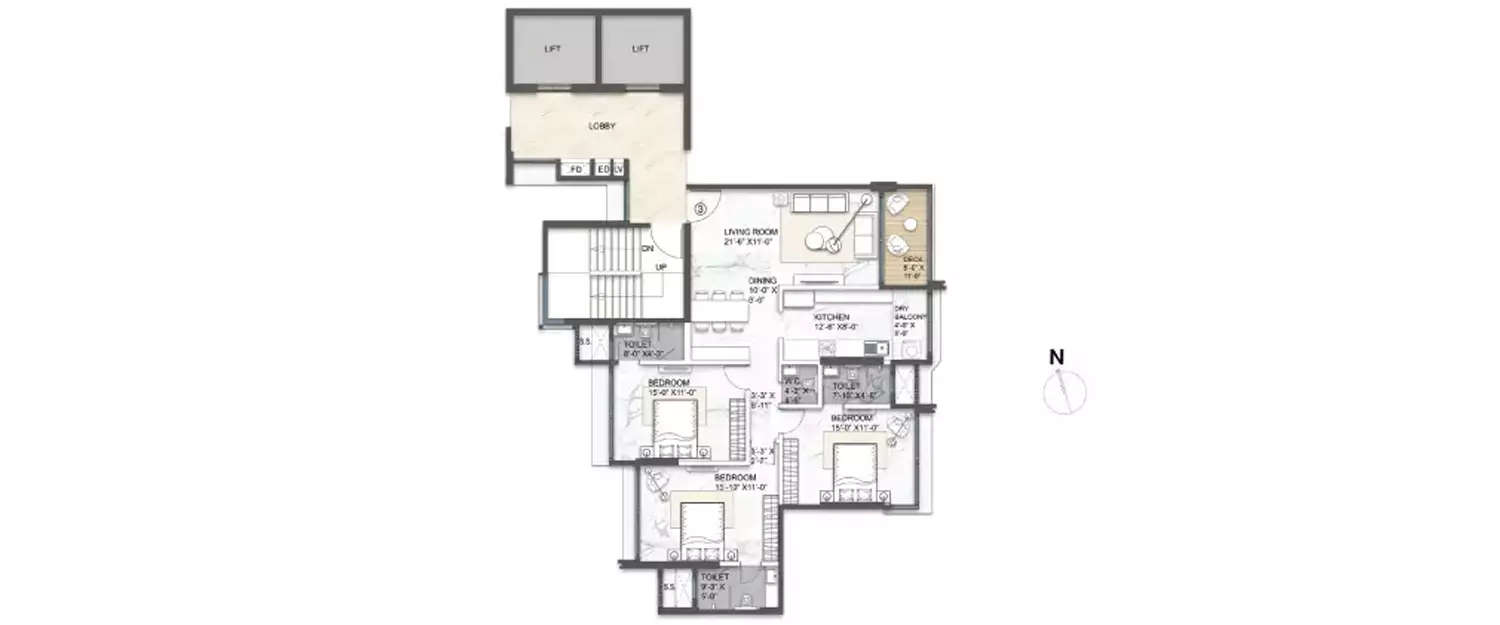 Floor plan for 3 BHK