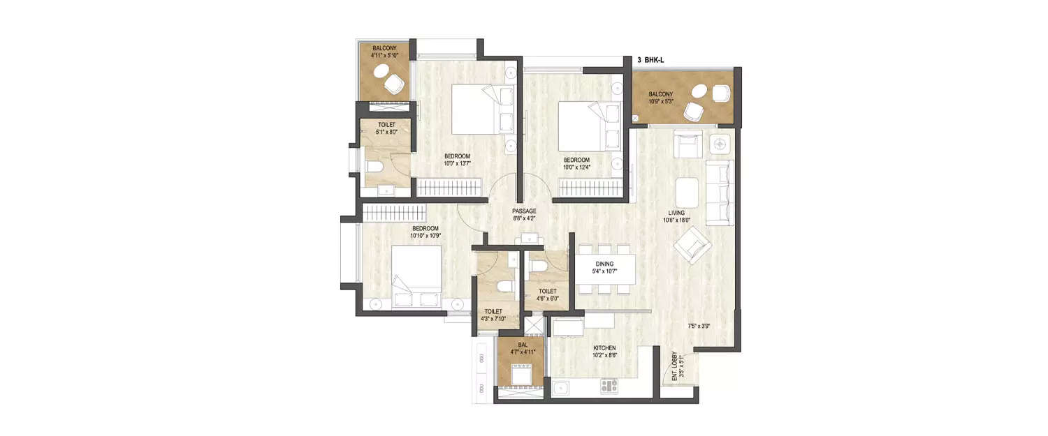 Floor plan for 3 BHK