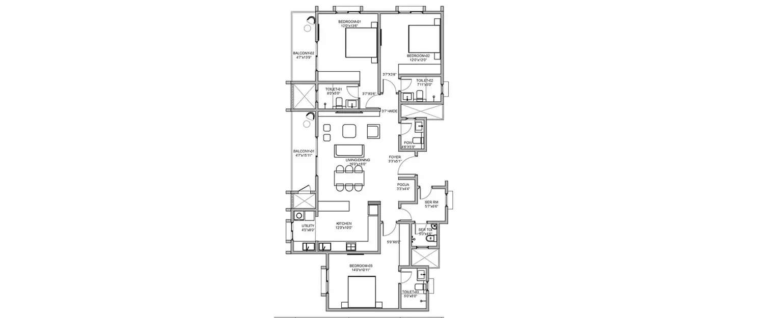 Floor plan for 3 BHK
