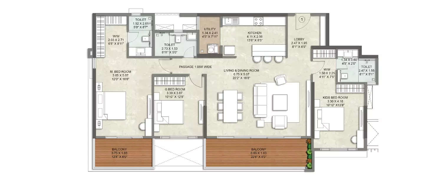 Floor plan for 3 BHK
